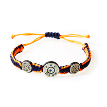 Load image into Gallery viewer, MAVERICK Macrame &amp; leather Bracelet with Bullets Neon Orange/Navy Blue thread - No Memo